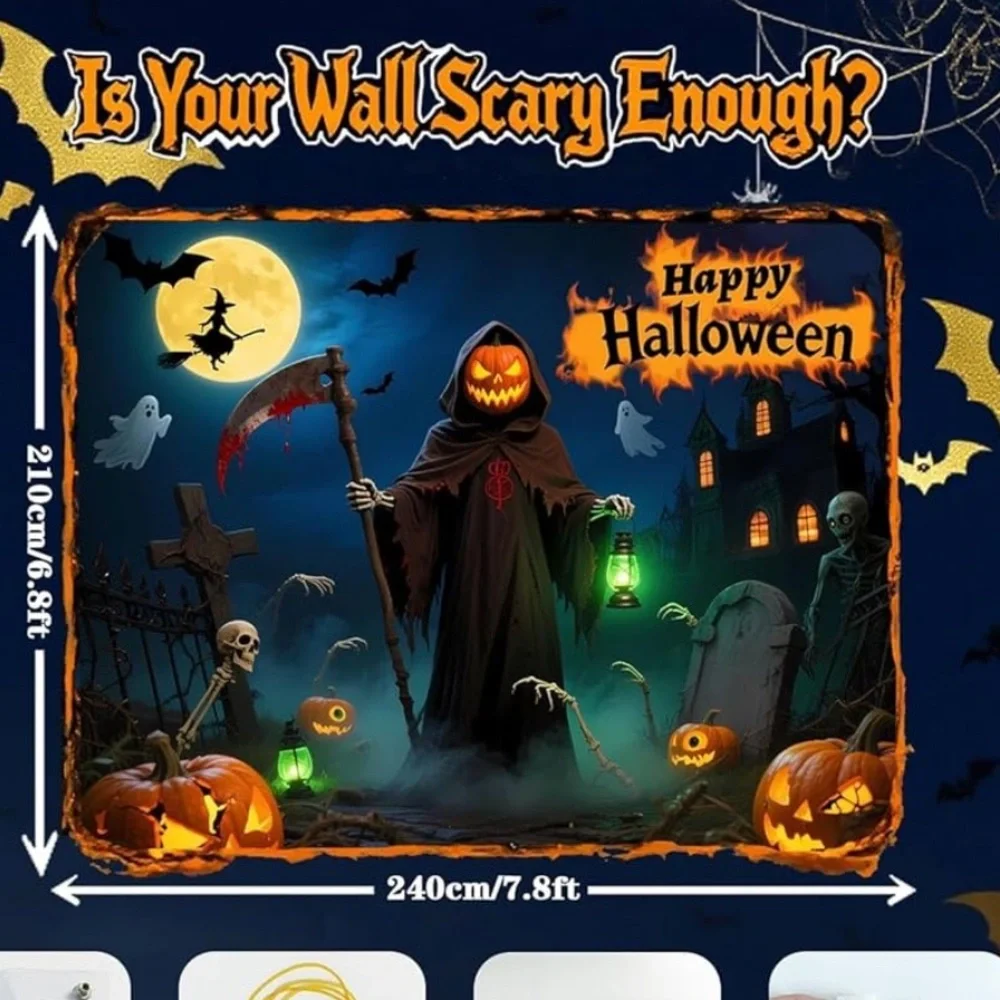 Halloween Party Backdrop with Pumpkins and Skeletons